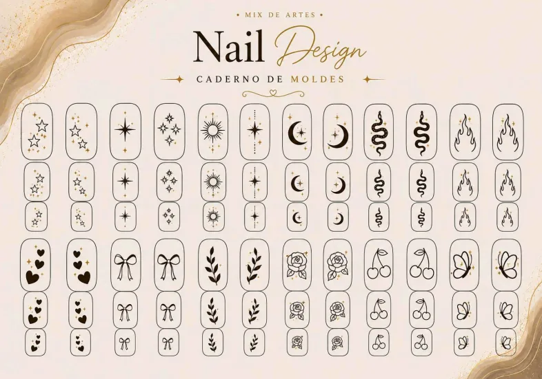 Página de modelos com estrelas, luas e desenhos variados